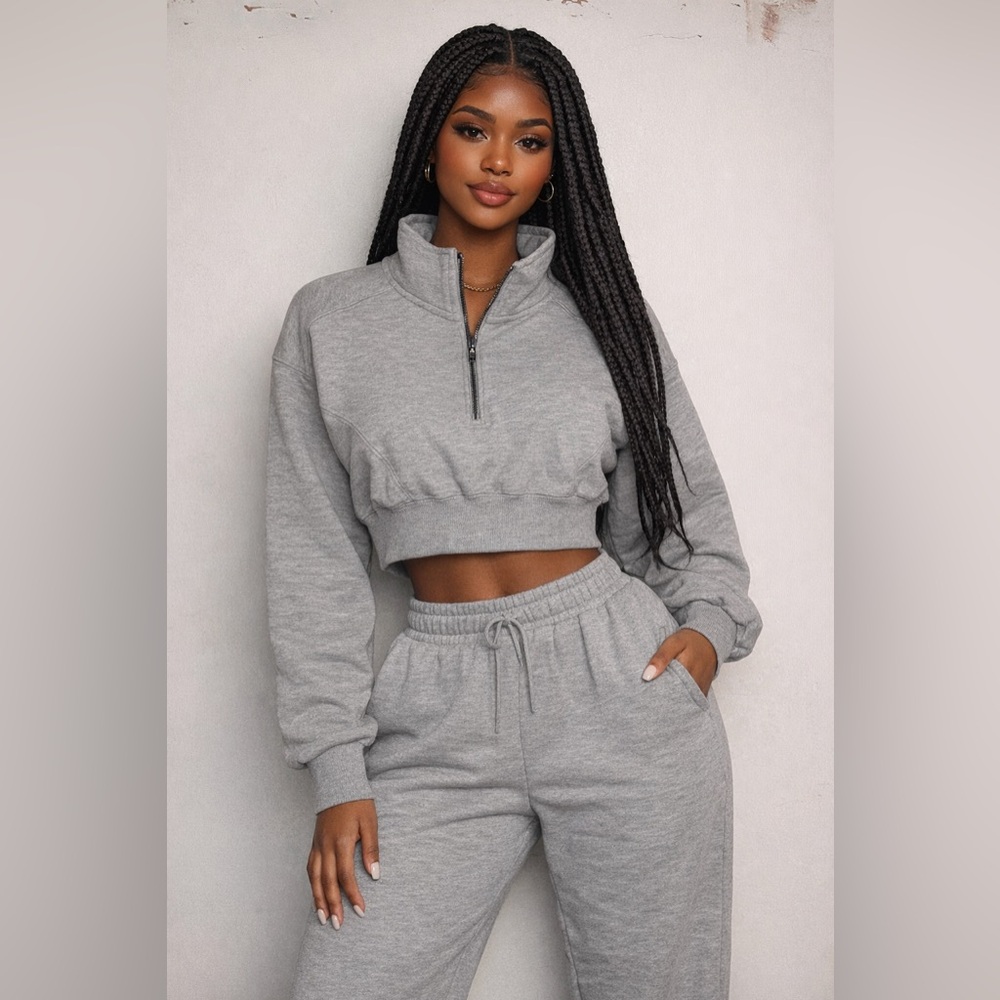 Gray Cropped Zip-Up Sweatshirt and Sweatpants Set